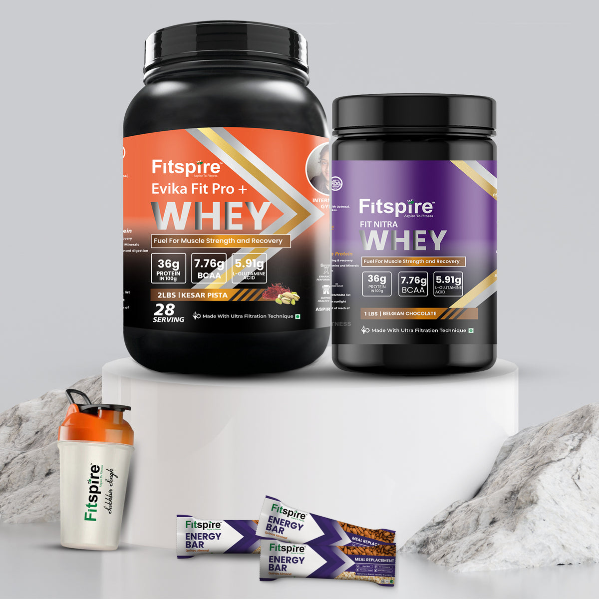 Evika Fit Whey Protein (2 Lbs) + Nitra Whey (1 Lbs) + Shaker + 3 Energy Bars