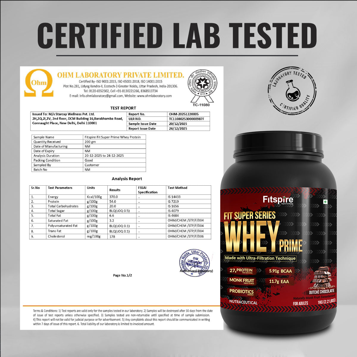 Fit Super Prime Whey Dutché Chocolate-27g High-Protein Content, Probiotic-Enriched & Naturally Sweetened with Monk Fruit for Lean Muscle & Rapid Recovery