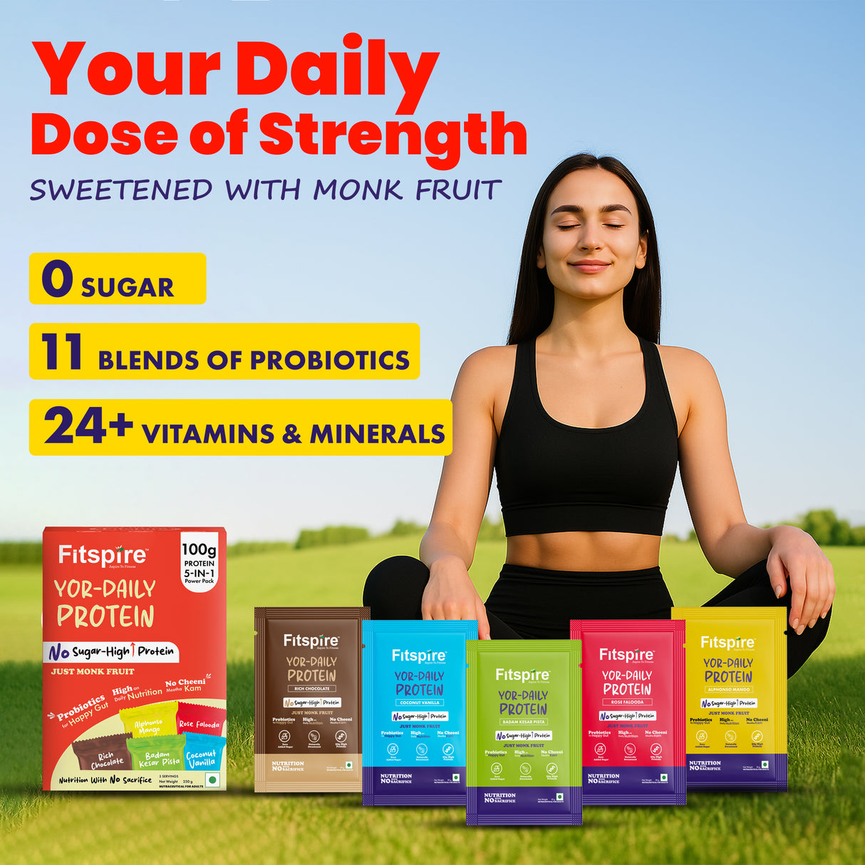Yor Daily Whey Protein, No Sugar, Assorted Flavors, 250g - Pack of 5 Sachets (50g Sachet with 20g Protein)