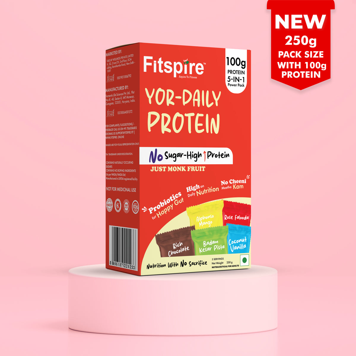 Yor Daily Whey Protein, No Sugar, Assorted Flavors, 250g - Pack of 5 Sachets (50g Sachet with 20g Protein)