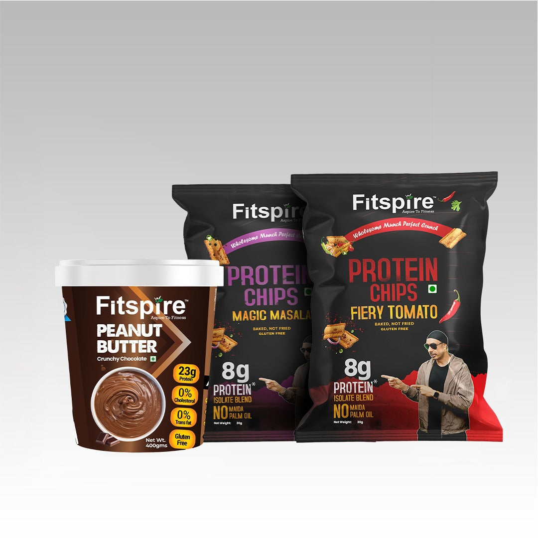 🎁 Fitspire Healthy Snack Combo | Crunchy Chocolate Peanut Butter (400g) + 2 Any Protein Chips (30g Each) | High Protein, Gluten-Free & Guilt-Free Snacking