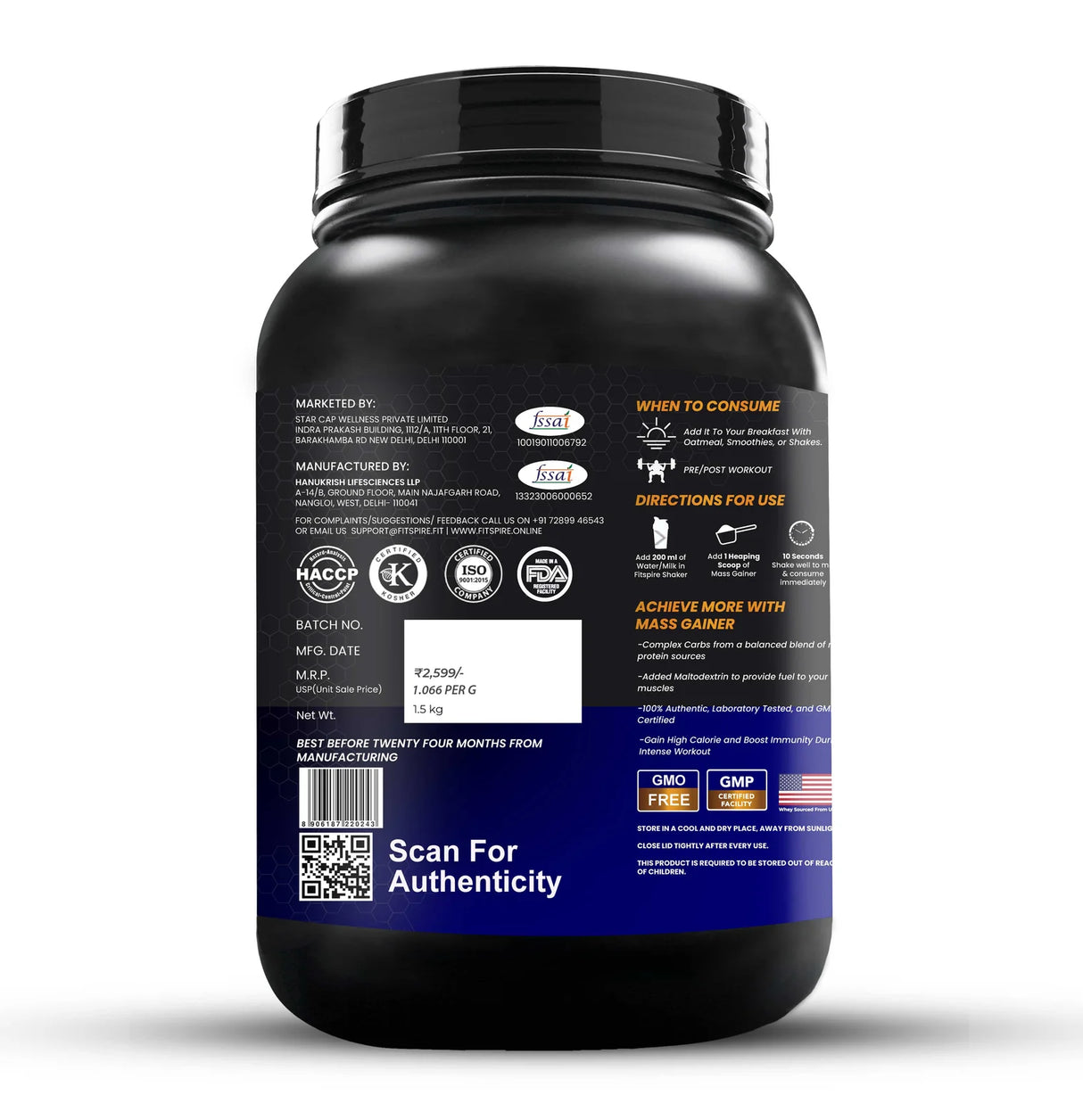 Mass Gainer Double Chocolate (1.5 Kg) + Nitra Whey 1 Lbs + Creatine