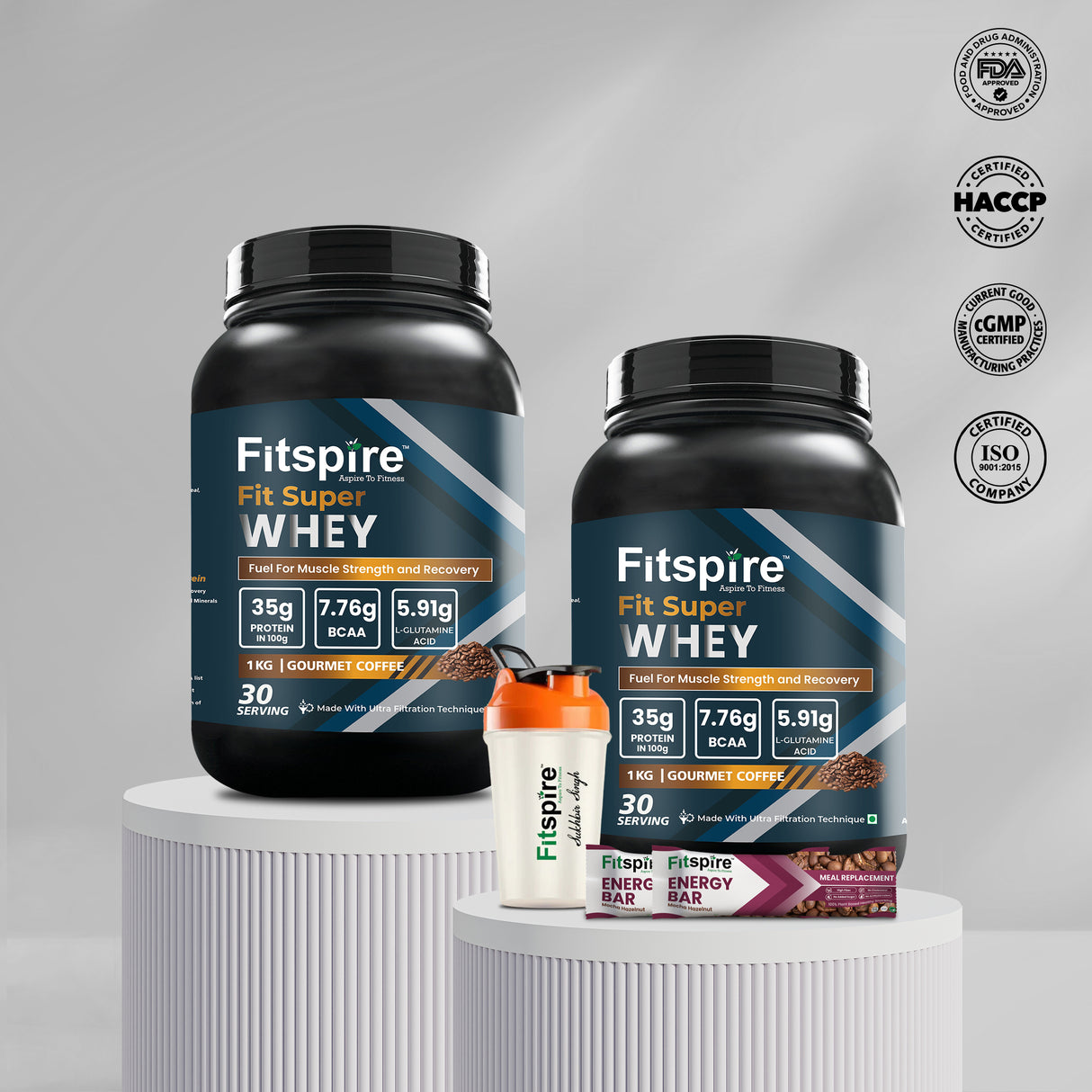 Fitspire Strength & Energy Combo: Fit Super Whey Gourmet Coffee (2Lbs X2) + Mocha Hazelnut Energy Bar (35g) + 400ml Shaker
