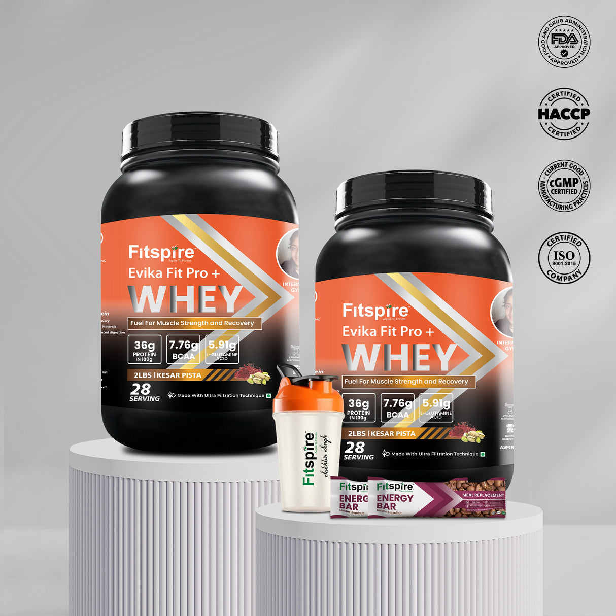 Fitspire Strength & Energy Combo: Evika Fit Super Pro Plus Whey Protein (Kesar Pista, 2 lbs X2) + Mocha Hazelnut Energy Bar (35g) + 400ml Shaker