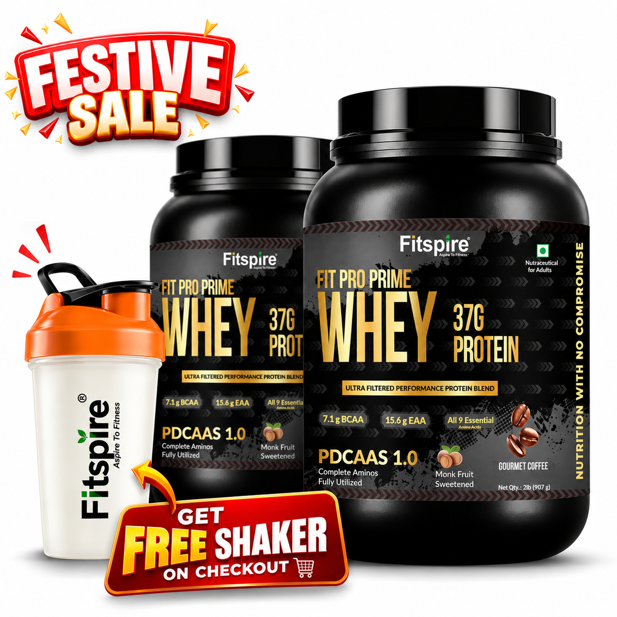 Fit Pro Prime Whey 37g ( Pack Of 2 ) - Gourmet Coffee - Zero Added Sugar - Naturally Sweetened With Monk Fruit