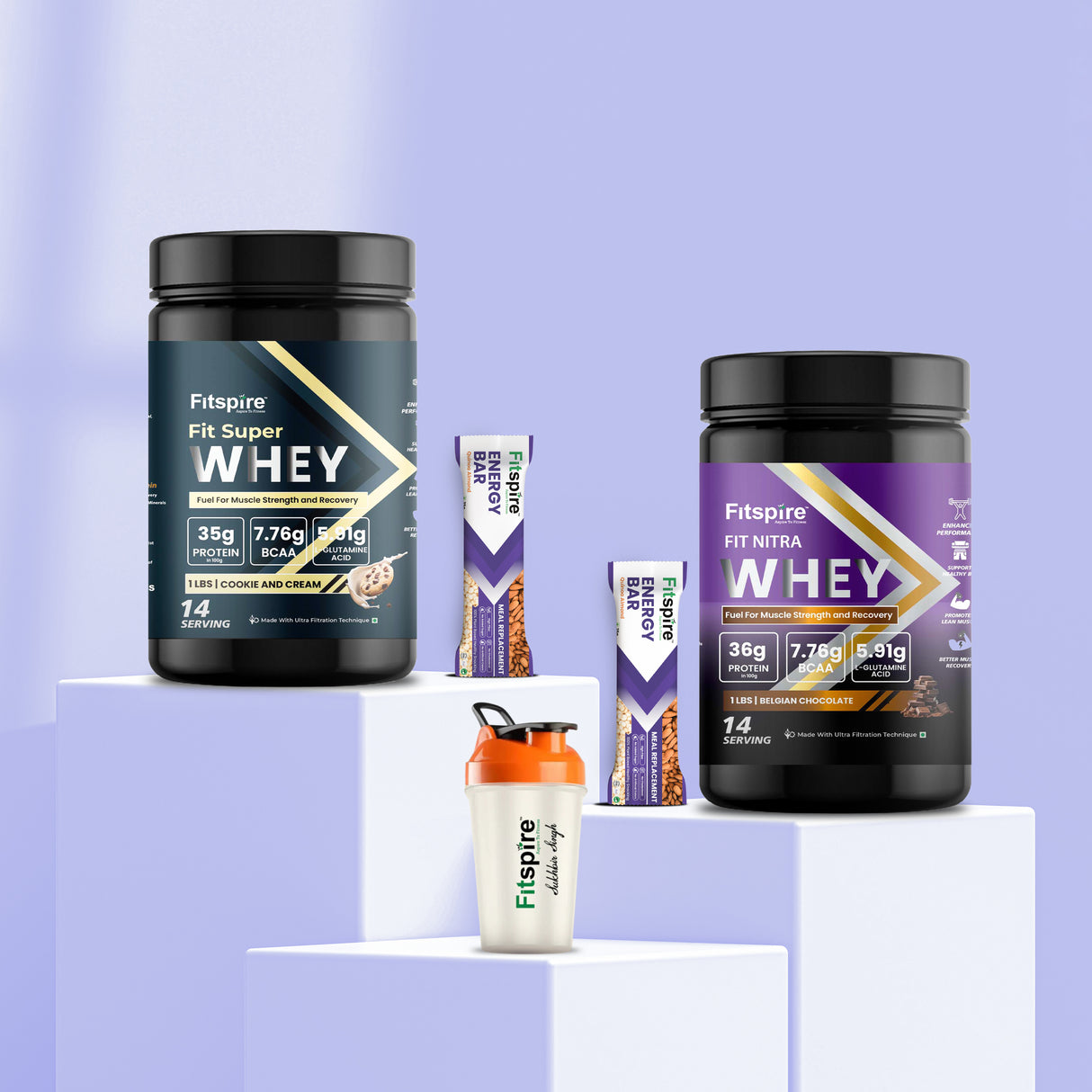 Box of 2 Whey Protein (1+1 Lbs) + 2 Energy Bars & Shaker