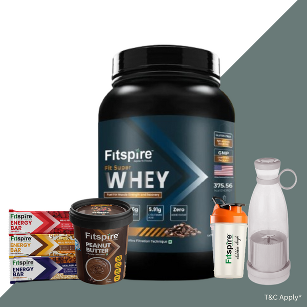 fitspire whey protein with 3 energy bars and peanut butter and shaker and juicer, whey protein powder, protein, whey, protien, whey protein 1kg, gold whey protein, gym protein, whey protein powder 1kg, whey protein for women
