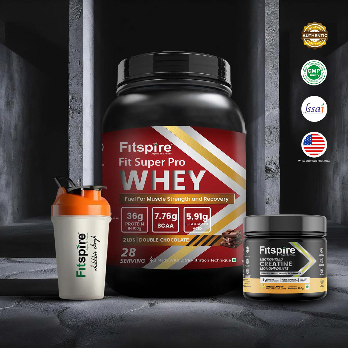 Fit Super Pro Whey Protein - Double Chocolate (2Lbs) + Creatine Monohydrate 100g (Lemon) + Shaker - Combo