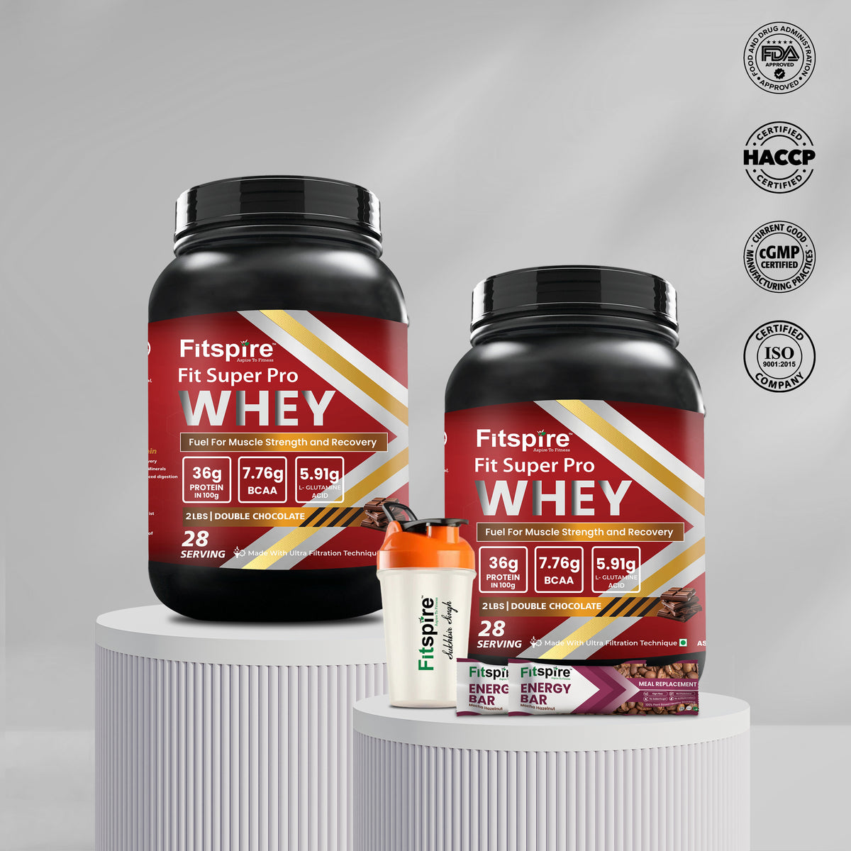 Fitspire Elite Workout Essentials Combo: Fit Super Pro Double Chocolate Whey 2 lbs X2) + Mocha Hazelnut Energy Bar (35g) + 400ml Shaker