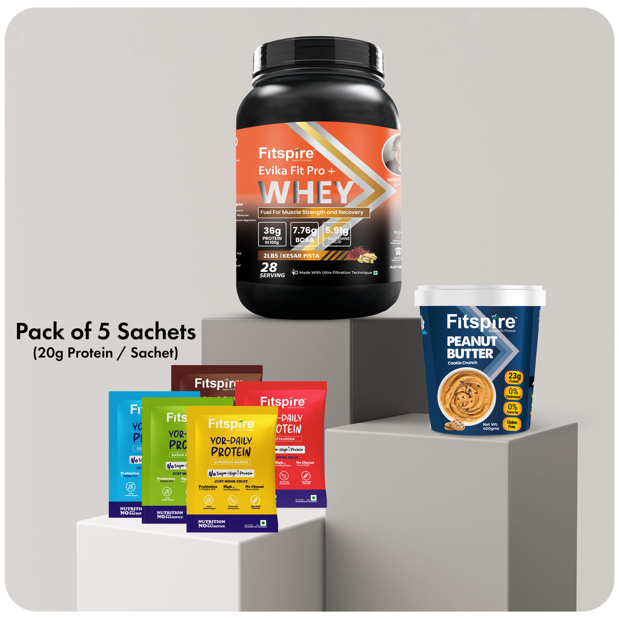 Evika Fit Super Pro Plus Whey Protein (2lbs) + Peanut Butter (Cookie crunch) + Pack of 5 Sachets YOR Protein (50g Sachet with 20g Protein)
