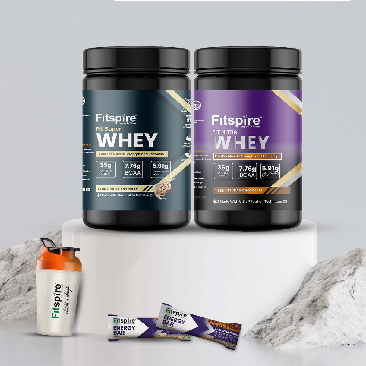 Box of 2 Whey Protein (1+1 Lbs) + 2 Energy Bars & Shaker
