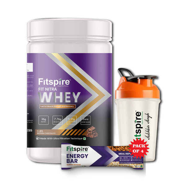 FIT NITRA WHEY PROTEIN - BELGIAN CHOCOLATE (1LBS) + PACK OF 4 ENERGY BARS WITH SHAKER