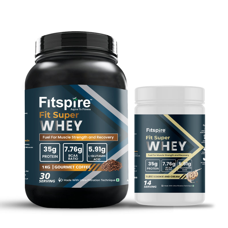 FIT SUPER WHEY PROTEIN- GOURMET COFFEE (1kg) WITH NITRA WHEY- COOKIE & CREAM (1LBS)