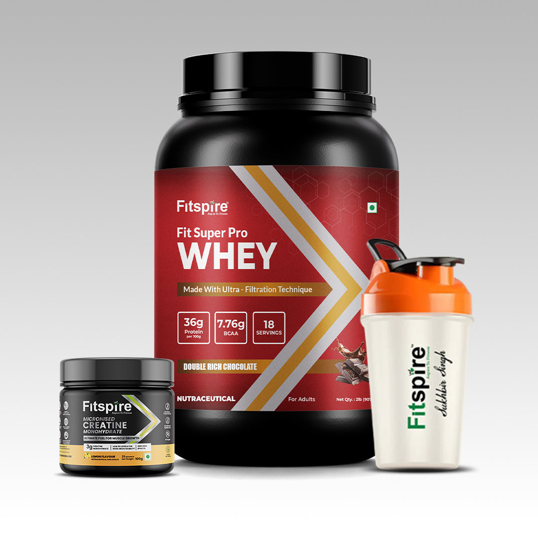 Fit Super Pro Whey Protein - Double Chocolate (2Lbs) + Creatine Monohydrate 100g (Lemon) + Shaker - Combo