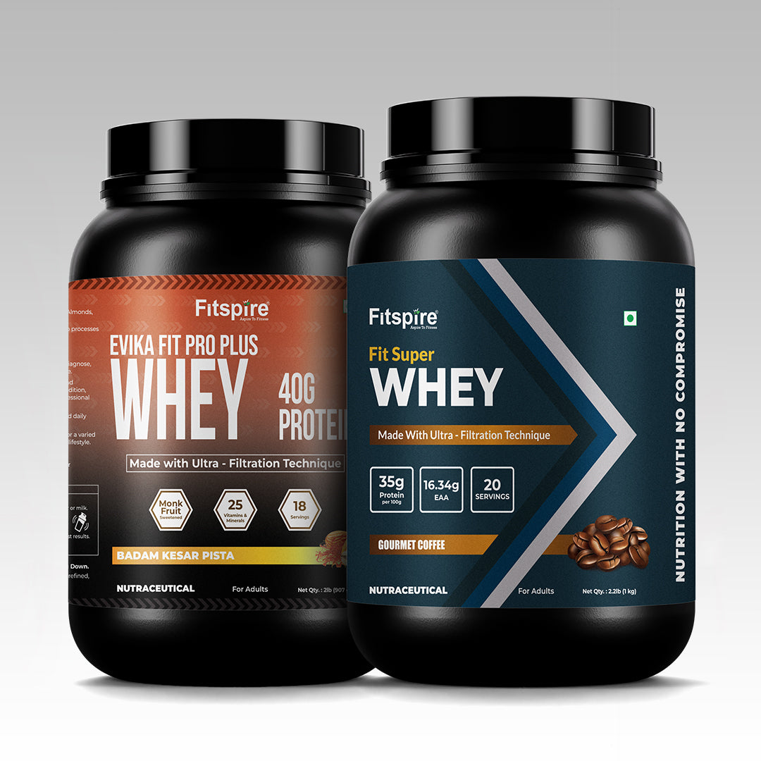 Fitspire Whey Protein Combo – Evika Fit Pro Plus (Badam Kesar Pista, 907g) & Fit Super Whey (Gourmet Coffee, 1kg)