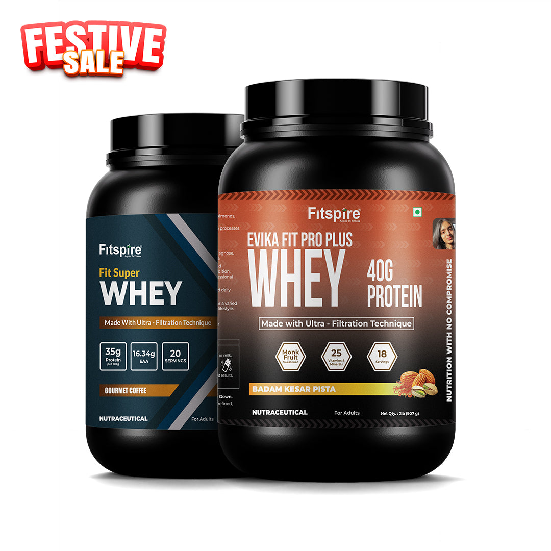 Evika Fit Pro Plus Whey 2 lb (20g Protein, 18 Servings) + Fit Super Whey 1 kg (17g Protein, 20 Servings) Combo | Badam Kesar Pista & Gourmet Coffee | 11 Probiotics, 5 Digestive Enzymes & No Added Sugar