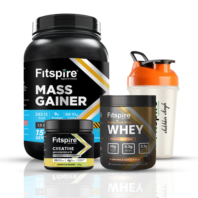 FITSPIRE MASS GAINER - (1.5 KG) WITH ROYAL KING WHEY PROTEIN (165 gm) WITH CREATINE & FREE SHAKER