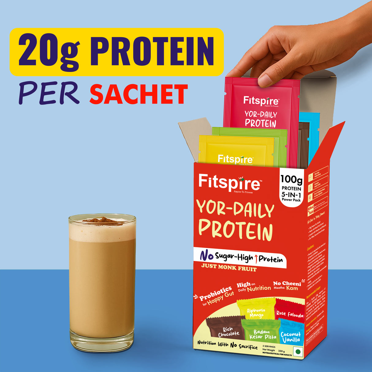Yor Daily Whey Protein,  No Sugar, Assorted Flavors, 250g - Pack of 5 Sachets (50g Sachet with 20g Protein)