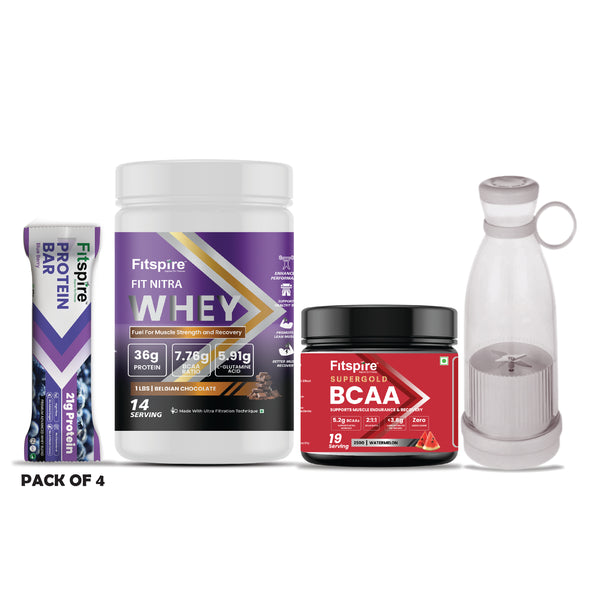 FIT NITRA WHEY PROTEIN (1lbs) WITH SUPER BCAA & PACK OF 4 PROTEIN BARS & PORTABLE JUICER