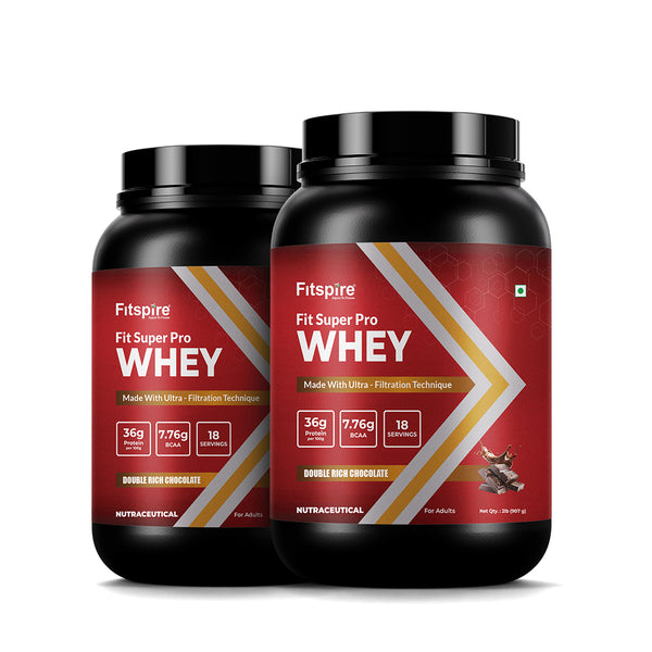 Fitspire Fit Super Pro Whey Protein | Double Rich Chocolate | 2 lbs | 36 g Protein per 100 g| Digestive Enzymes & Probiotics| No Added Sugar | 2Lbs + 2Lbs