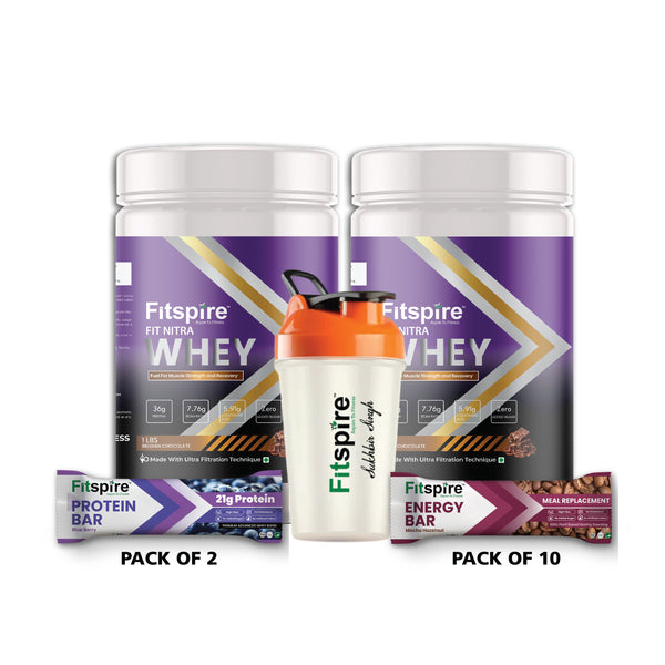 FIT NITRA WHEY (1 lbs) + FIT SUPER WHEY (1 lbs) WITH SHAKER & 10 ENERGY BARS & 2 PROTEIN BARS