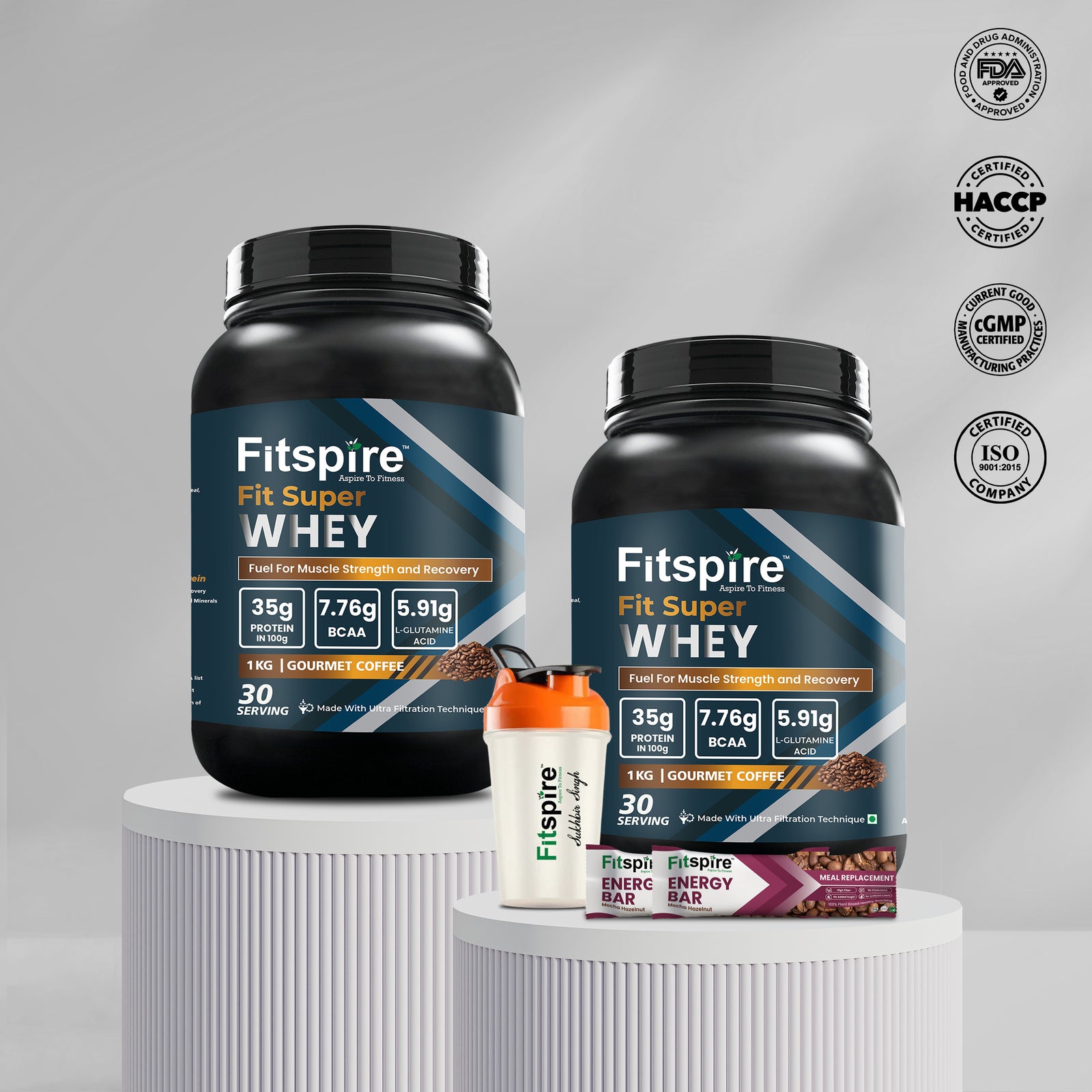 Fitspire Strength & Energy Combo: Fit Super Whey Gourmet Coffee (2Lbs X2) + Mocha Hazelnut Energy Bar (35g) + 400ml Shaker