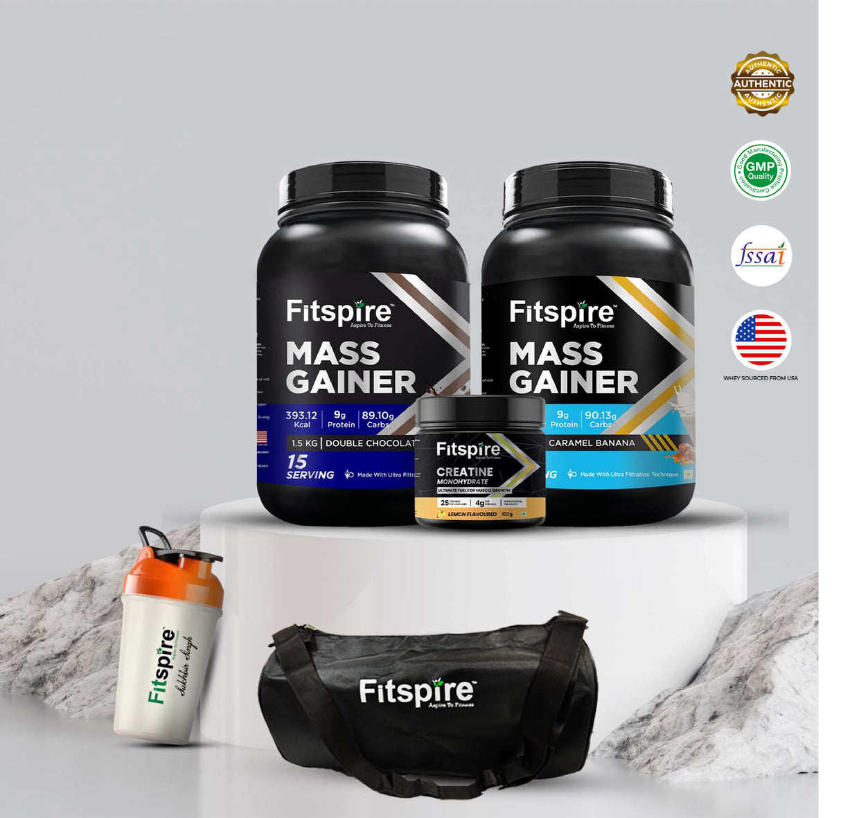 FITSPIRE MASS GAINER PACK OF 2 WITH CREATINE, SHAKER AND GYM BAG