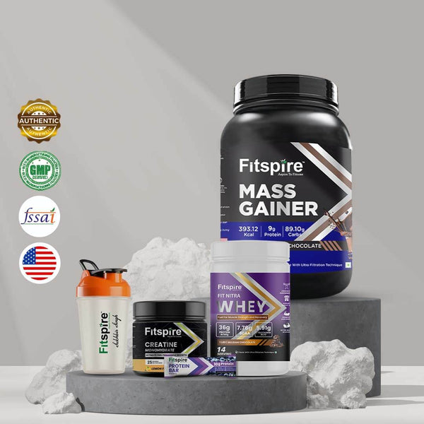 Mass Gainer And Fit Nitra Whey With Creatine, Shaker And 1 Protein Bar