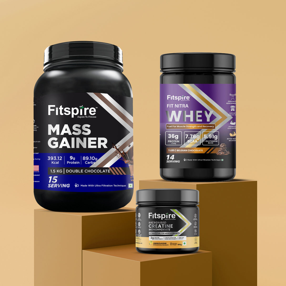 Mass Gainer Double Chocolate (1.5 Kg) + Nitra Whey 1 Lbs + Creatine