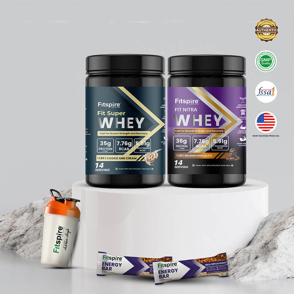 Pack of 2 Nitra Whey (1lbs) + Pack of 2 Energy Bars with Shaker