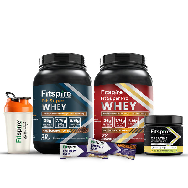 FIT SUPER PRO WHEY COMBOS WITH SHAKER & 2 ENERGY BARS WITH CREATINE