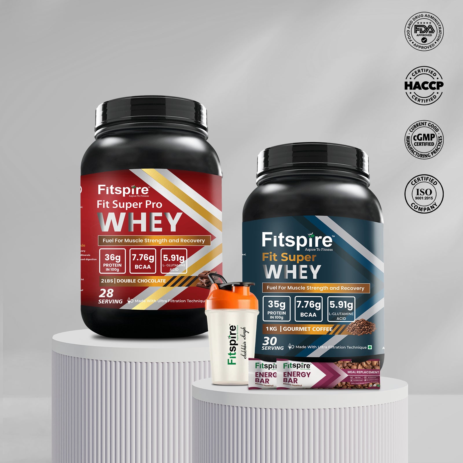 Fitspire Complete Fitness Fuel Pack: Fit Super Pro Double Chocolate Whey (2 lbs) + Fit Super Whey Gourmet Coffee (2lbs) + Mocha Hazelnut Energy Bar (35g) + 400ml Shaker