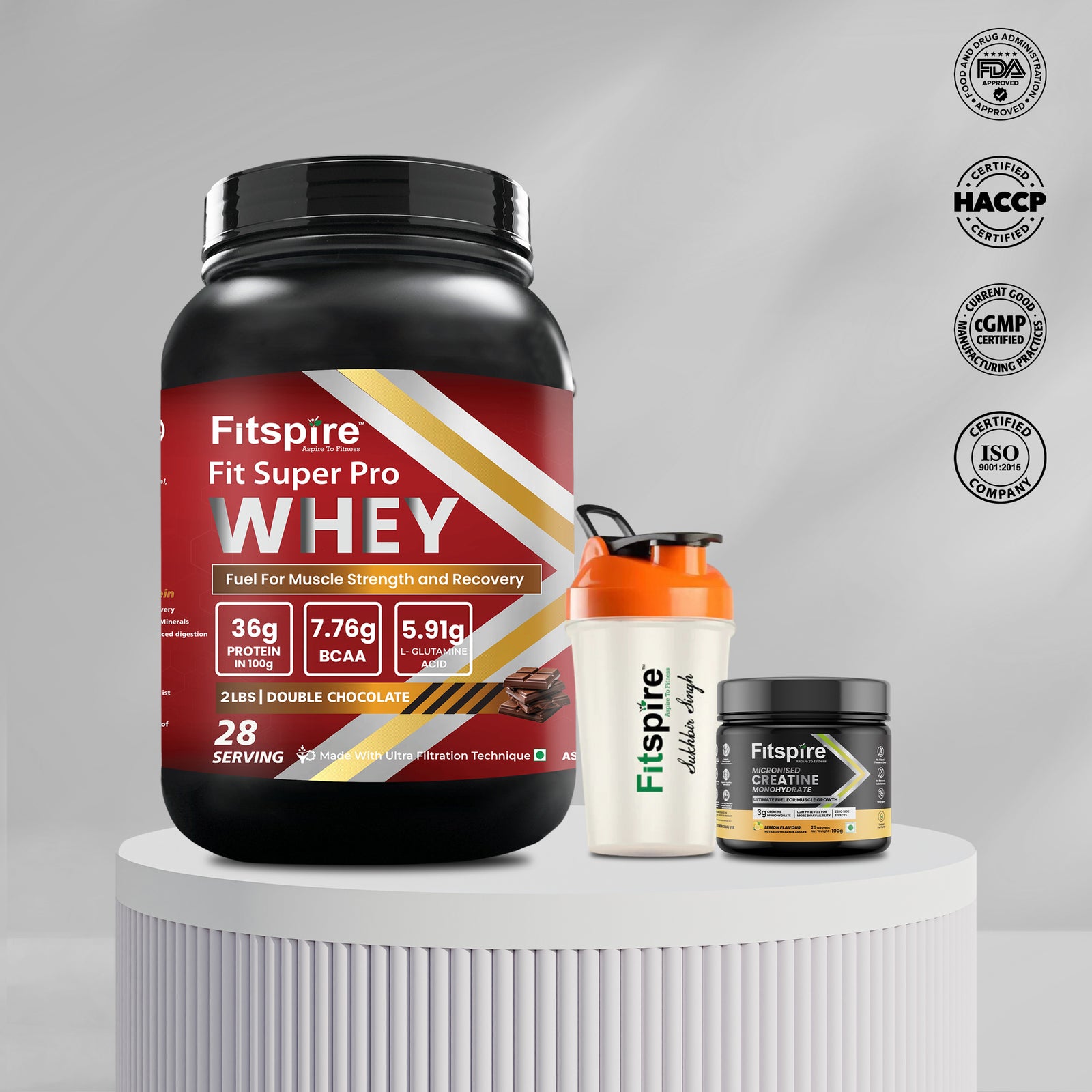 Fit Super Pro Whey Protein - Double Chocolate (2Lbs) + Creatine Monohydrate 100g (Lemon) + Shaker - Combo